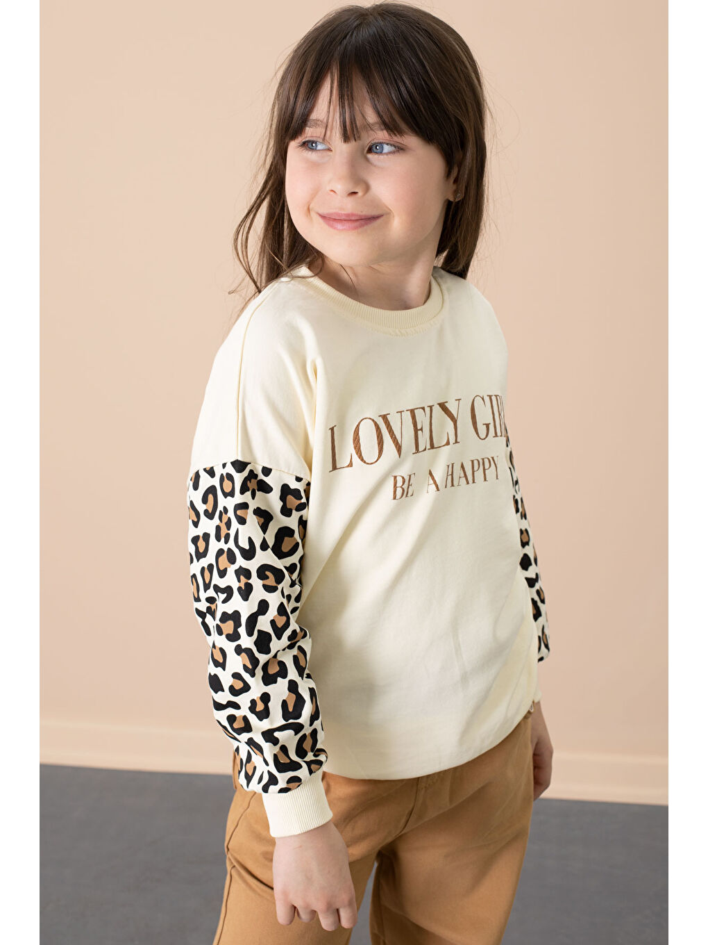 Kahverengi Taba Kolları Leopar Desenli Badili Kız Çocuk Pantolonlu 2li Takım 20692-4