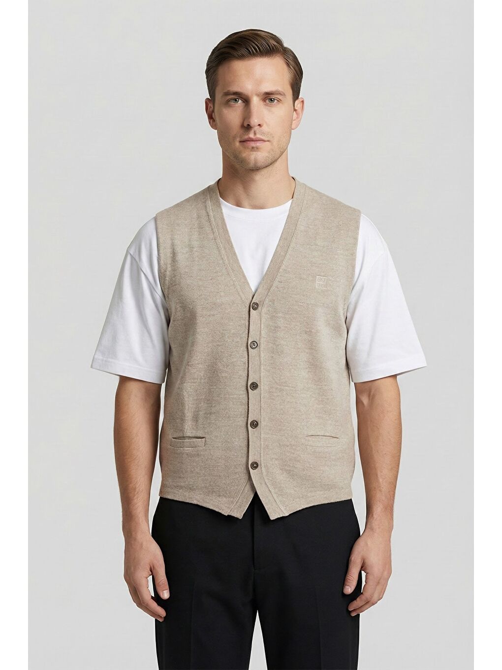 Giotelli Erkek Bej Melanj Standart Fit Yün Karışımlı Düğmeli Triko Yelek