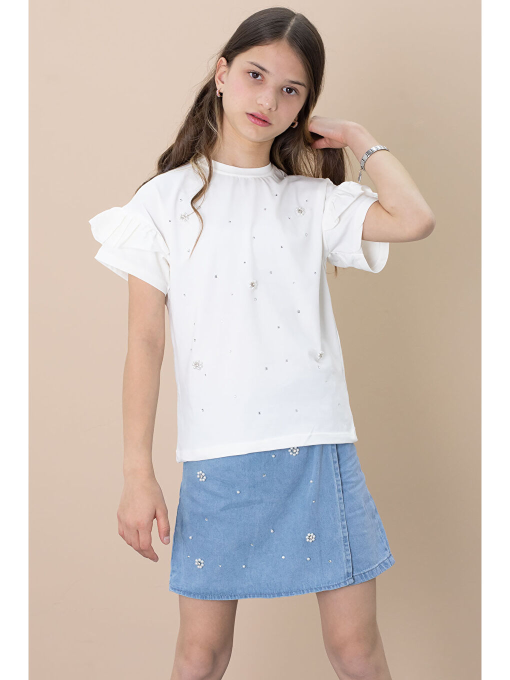 Beyaz Mavi Jean Şortlu Payetli Kısa Kol Tişörtlü Kız Çocuk 2li Takım 21101-4