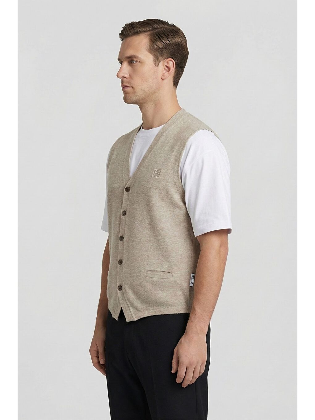 Giotelli Erkek Bej Melanj Standart Fit Yün Karışımlı Düğmeli Triko Yelek-2