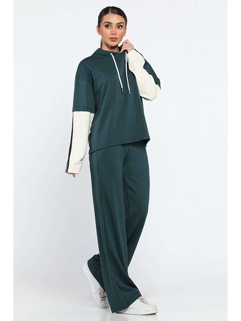 Yeşil Kadın Kapüşonlu Renk Garnili Eşofman Takımı-1