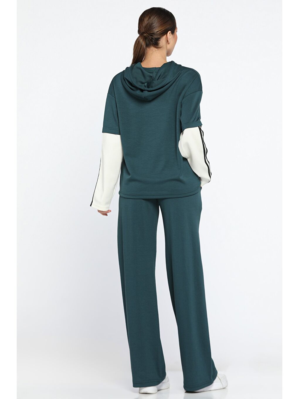 Yeşil Kadın Kapüşonlu Renk Garnili Eşofman Takımı-2