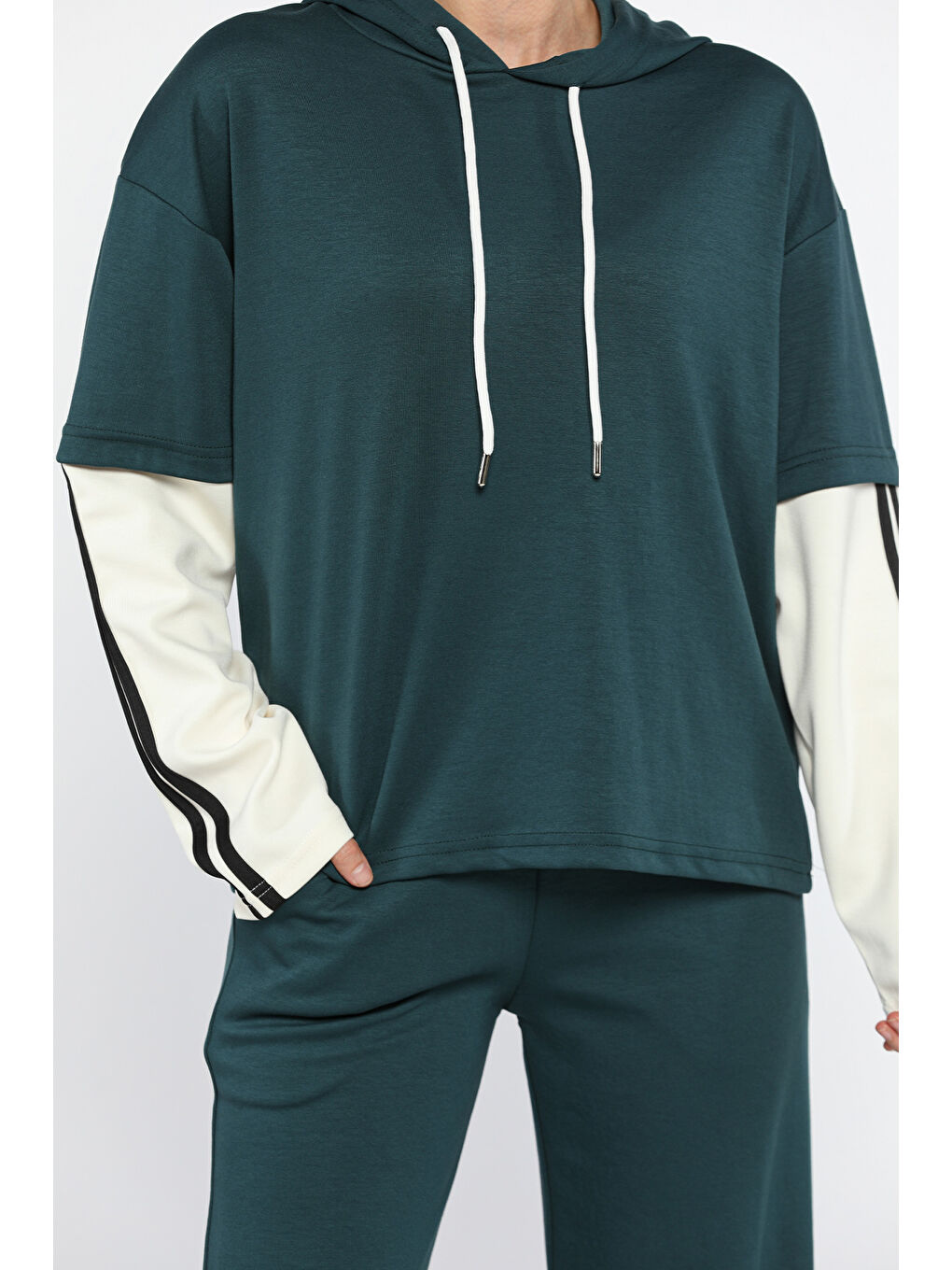 Yeşil Kadın Kapüşonlu Renk Garnili Eşofman Takımı-3