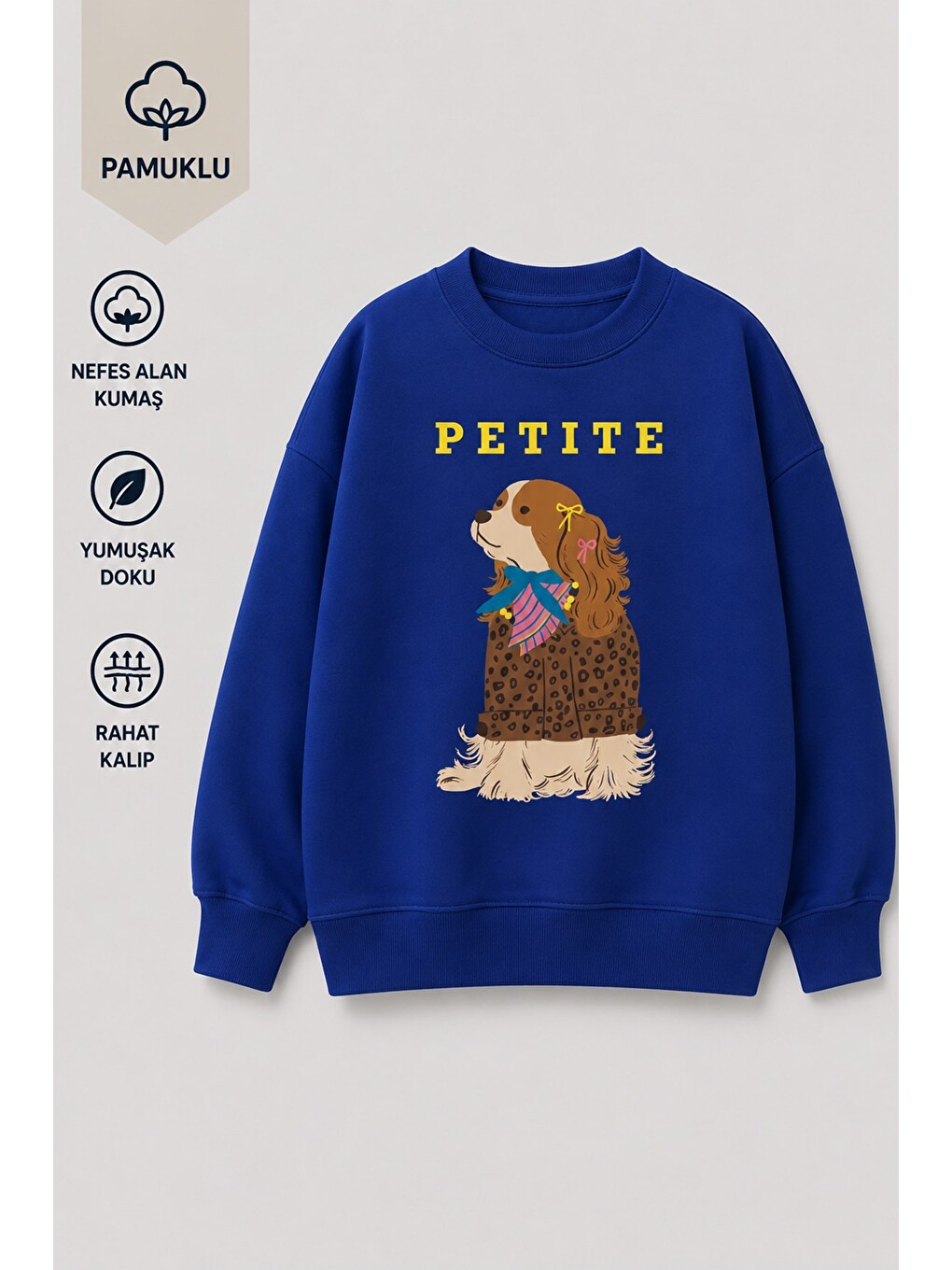 Lacivert Kız Çocuk 3 İplik Kumaş Pamuklu Köpek Baskılı Sweatshirt-1