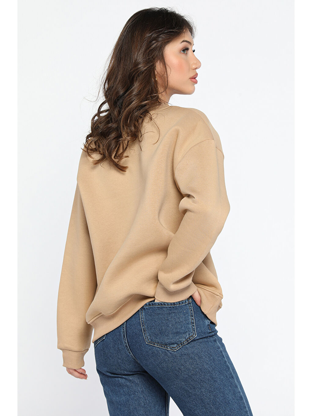 Ekru Kalp Nakışlı Üç İplik Şardonlu Kadın Sweatshirt-2