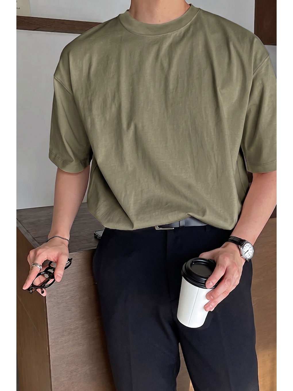 Haki Erkek Oversize Tişört Pamuk Kumaş Bisiklet Yaka Rahat Kalıp T-shirt-2