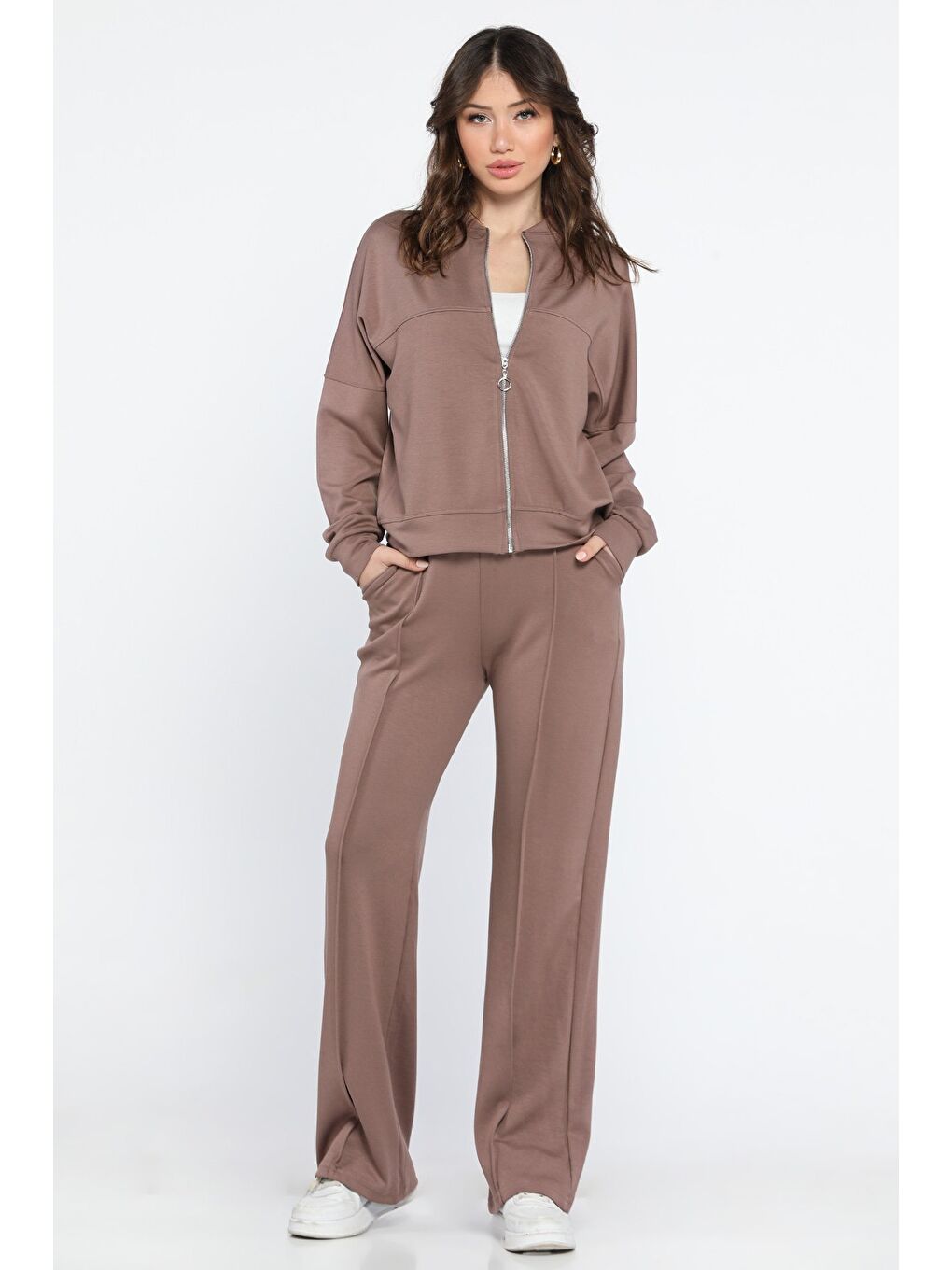 Bej Kadın Ön Fermuarlı Sweat Pantolon Eşofman Takımı-1