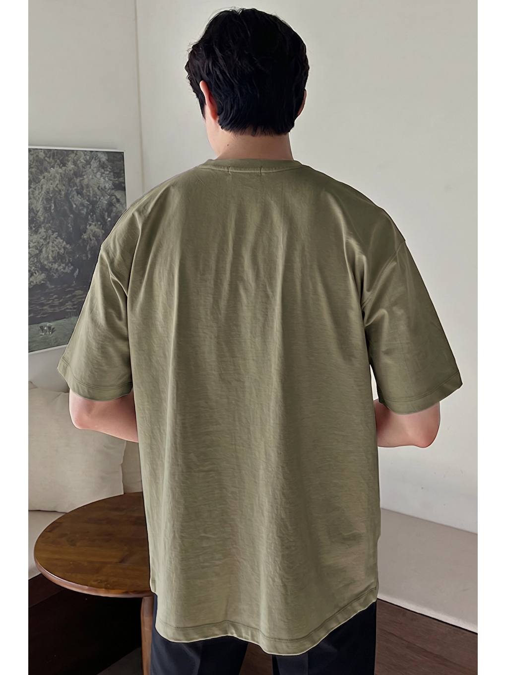 Haki Erkek Oversize Tişört Pamuk Kumaş Bisiklet Yaka Rahat Kalıp T-shirt-3