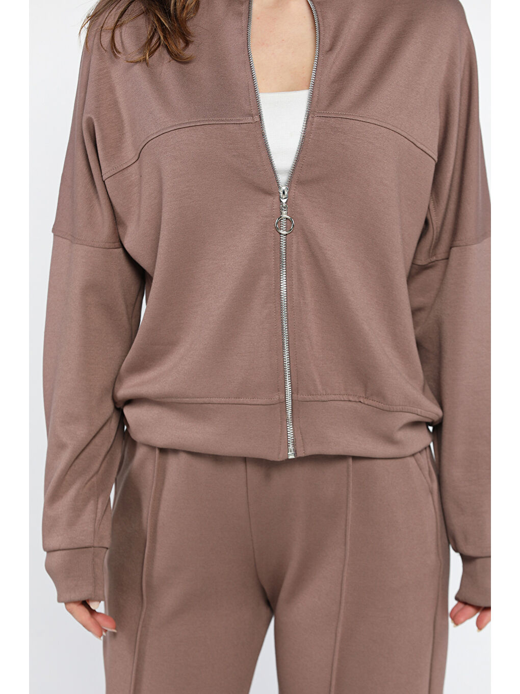 Bej Kadın Ön Fermuarlı Sweat Pantolon Eşofman Takımı-3