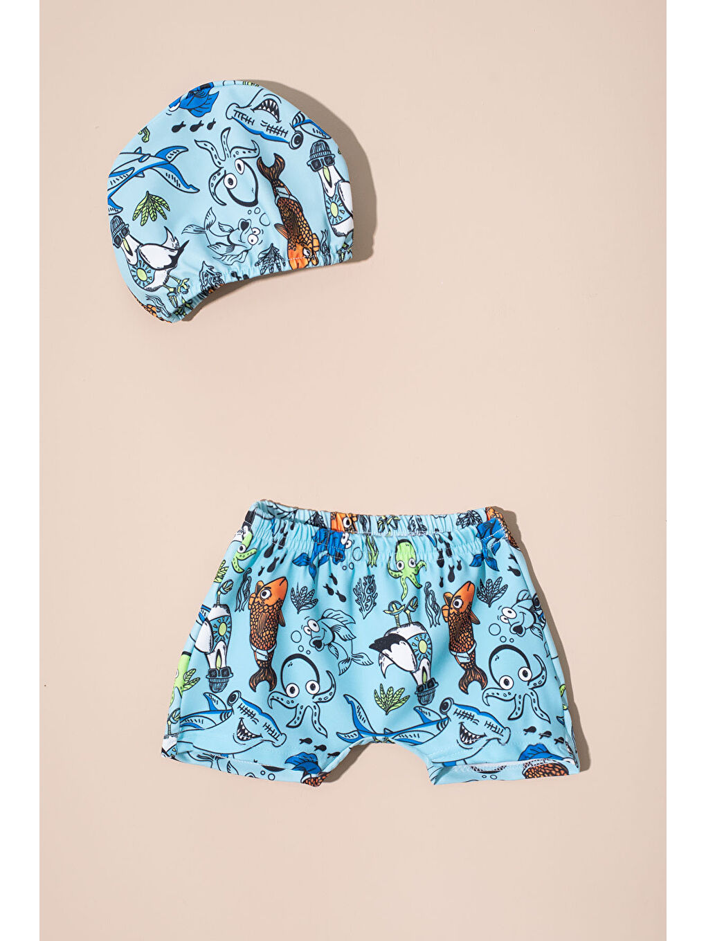 Mavi Balık Desenli Şort ve Boneli Erkek Çocuk Mayo Takımı 21075