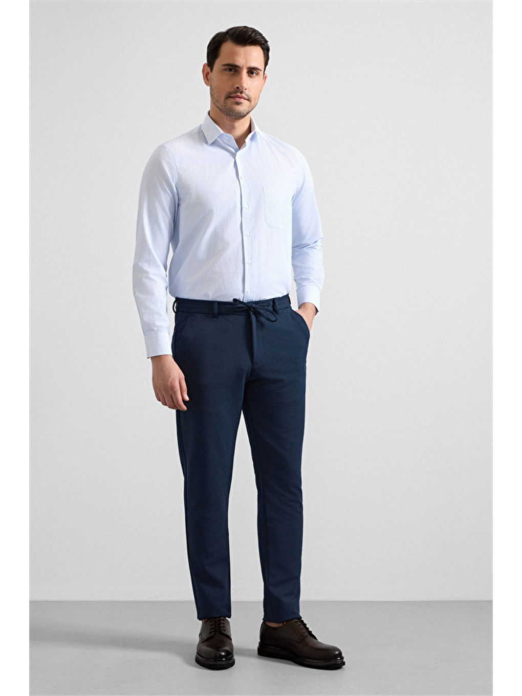 Lacivert Slim Düz Gabardin Bağcıklı Su Geçirmez Jogger Pantolon-1