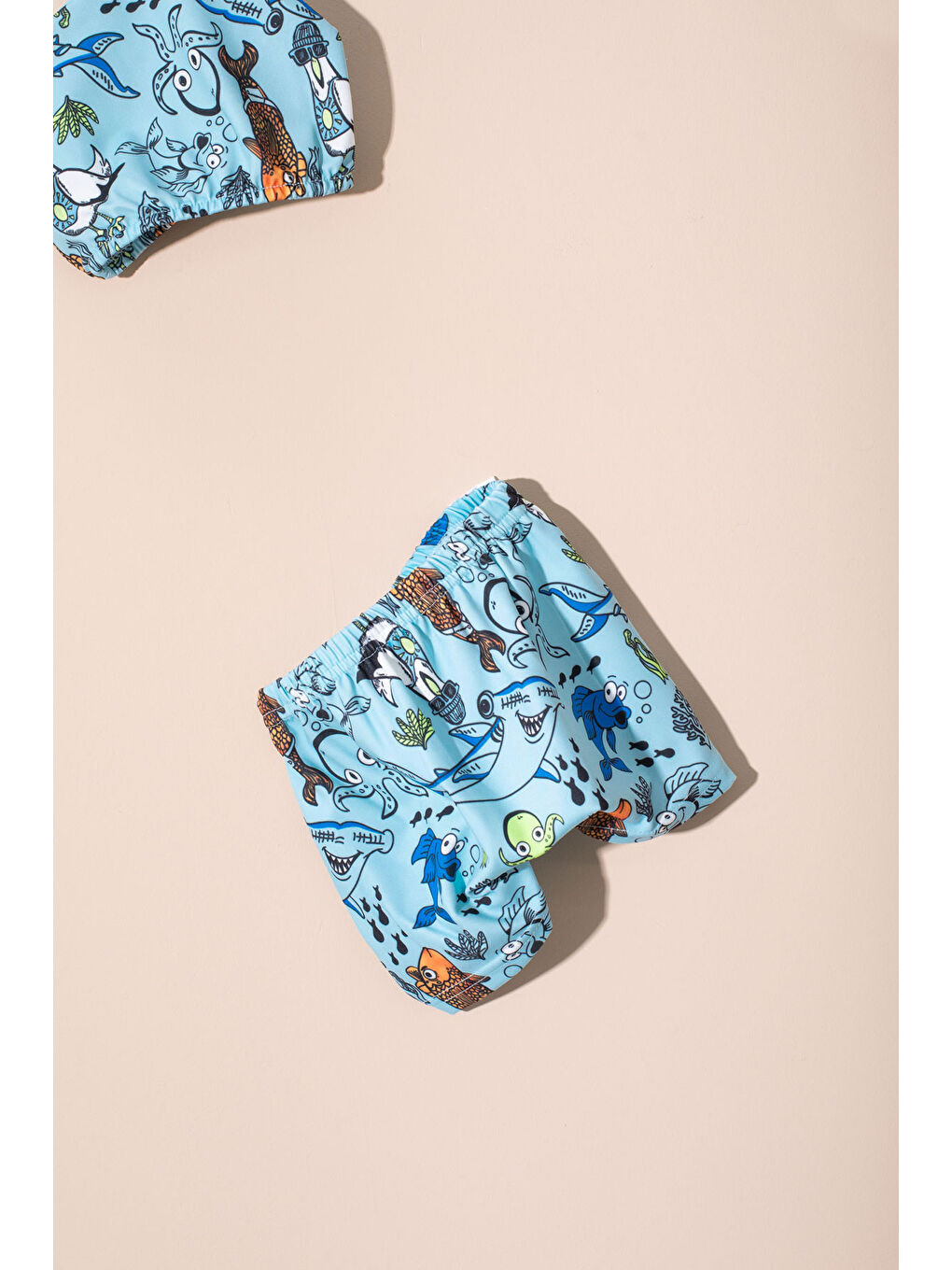 Mavi Balık Desenli Şort ve Boneli Erkek Çocuk Mayo Takımı 21075-2