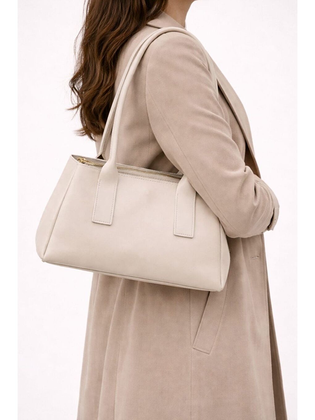 Ekru Kadın Minimalist Baget Omuz Çantası - Modern Tasarım El ve Kol Çantası 12657-1