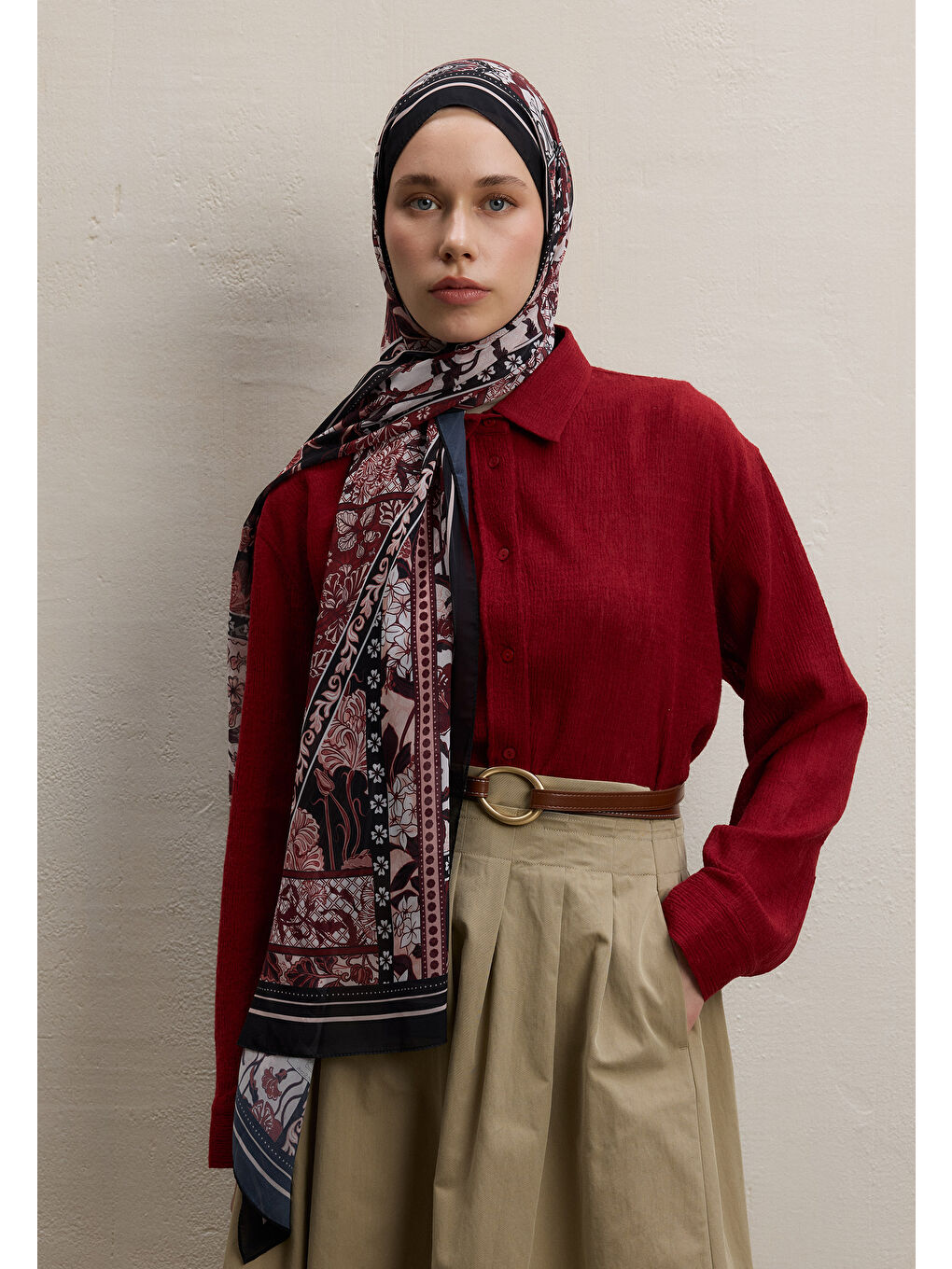 Lılıes Desen İpek Krep Şal Bordo-1