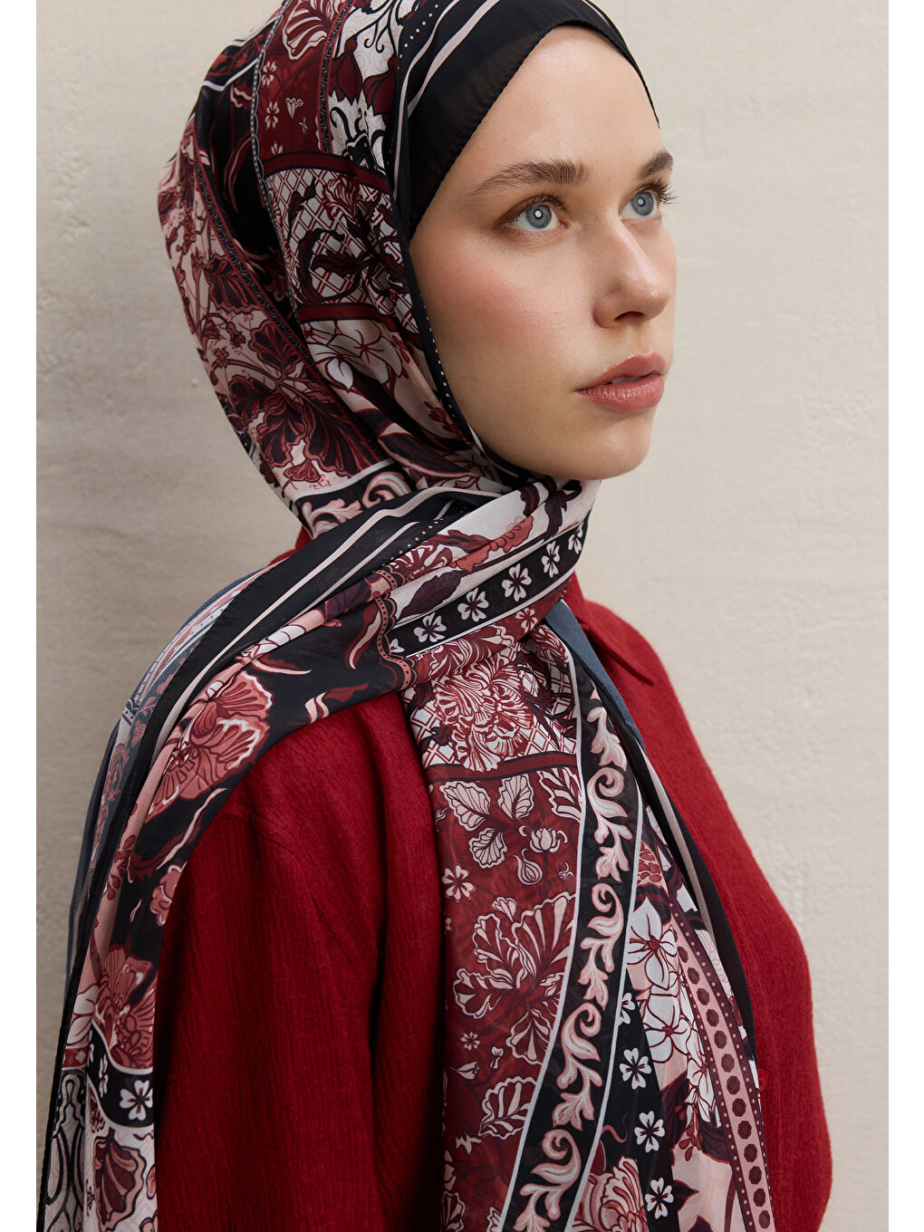 Lılıes Desen İpek Krep Şal Bordo-2