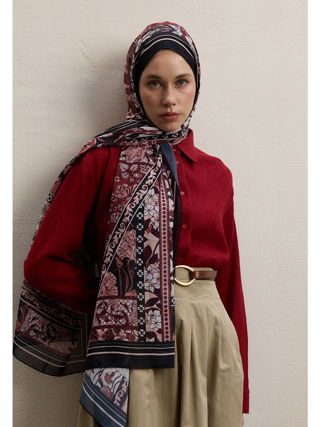 Lılıes Desen İpek Krep Şal Bordo-3