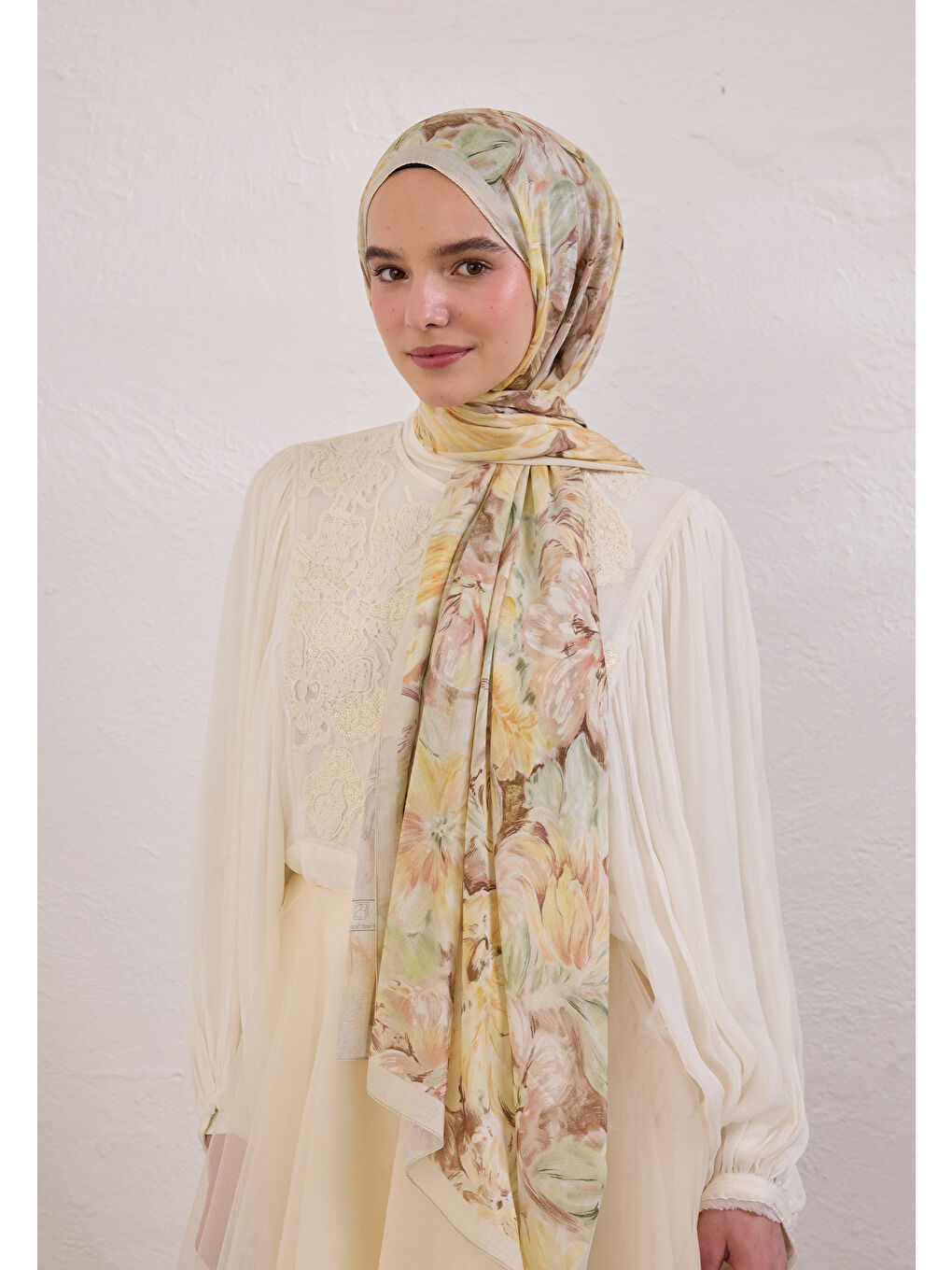 Sarı Pure Flora Desen Rami Şal Tereyağı-1