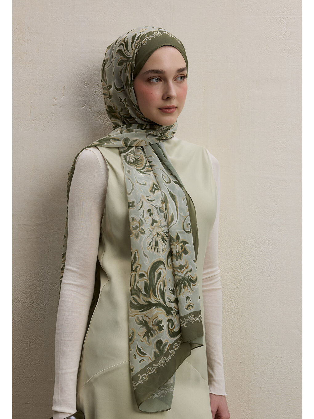 Laura Desen İpek Krep Şal Haki-2