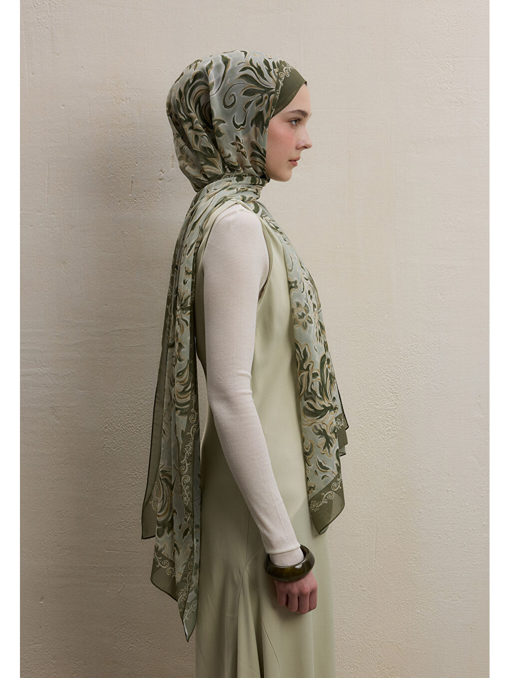 Laura Desen İpek Krep Şal Haki-3