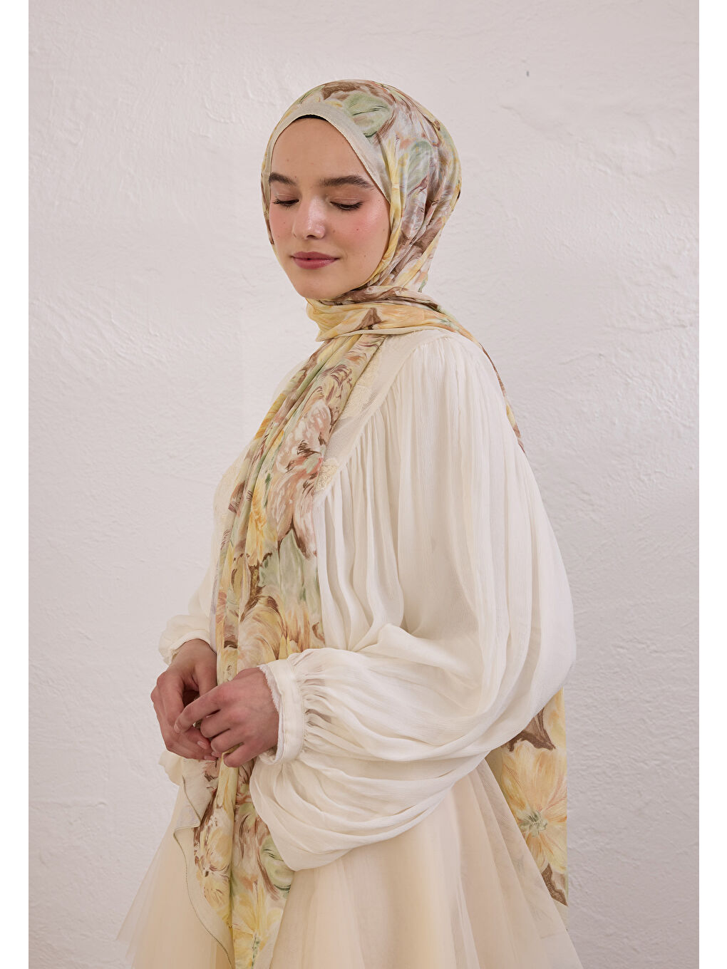 Sarı Pure Flora Desen Rami Şal Tereyağı-2