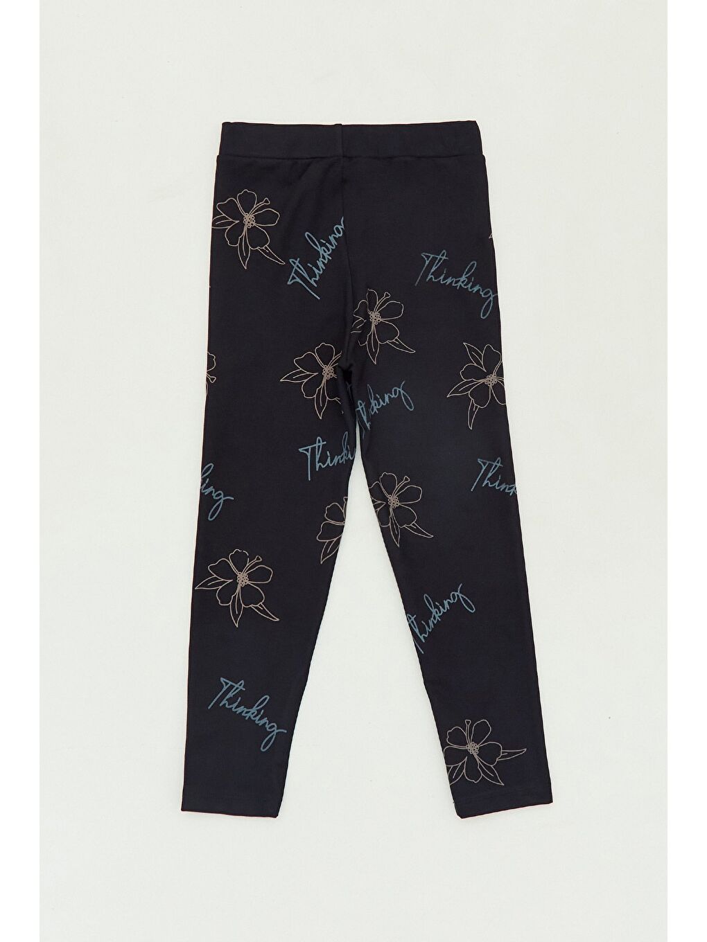 Siyah Çiçek Baskılı Beli Lastikli Kız Çocuk Tayt-1