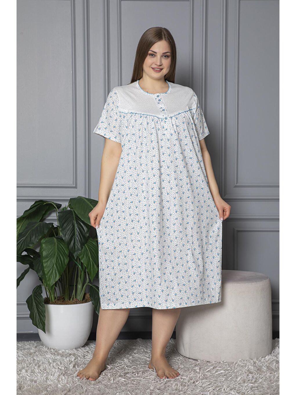 Mavi %100 Pamuklu Penye Kısa Kollu Büyük Beden Anne Geceliği 160