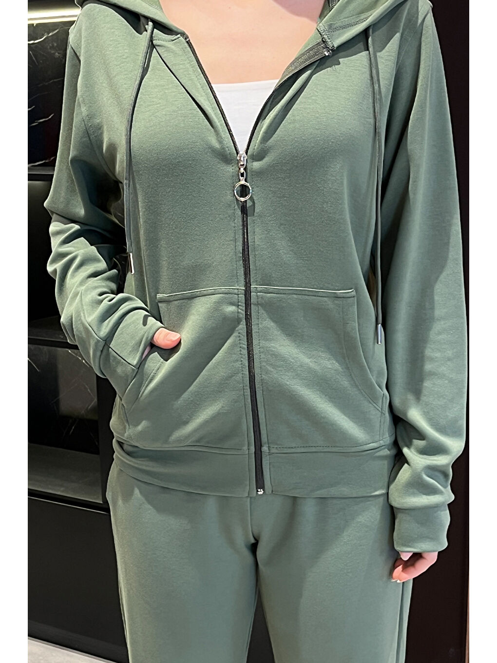 Haki Kadın Cepli Fermuarlı Sweat Pantolon Eşofman Takımı-2