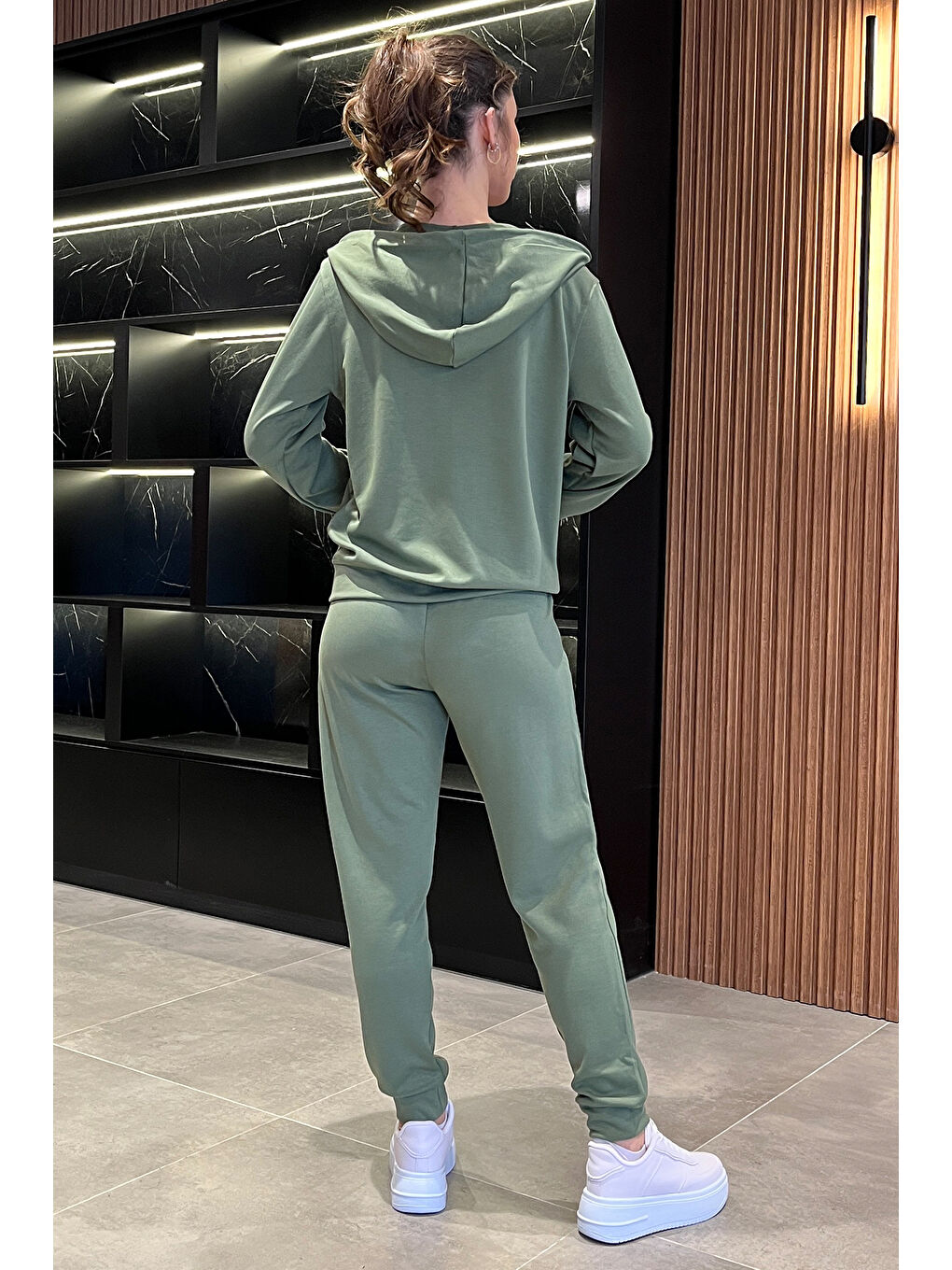 Haki Kadın Cepli Fermuarlı Sweat Pantolon Eşofman Takımı-3