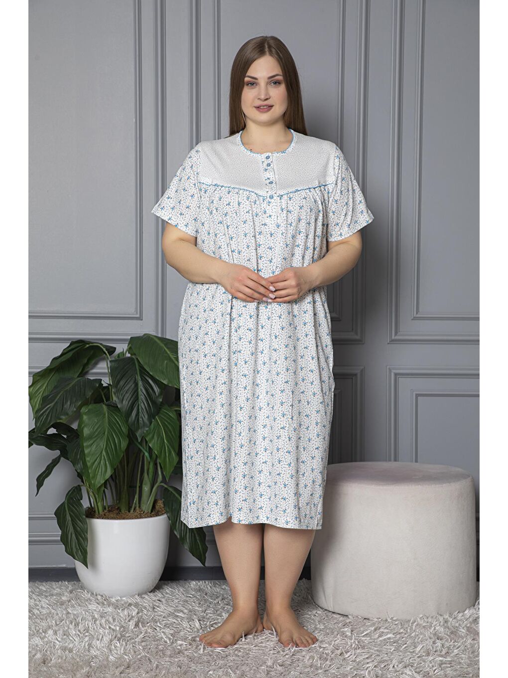 Mavi %100 Pamuklu Penye Kısa Kollu Büyük Beden Anne Geceliği 160-1