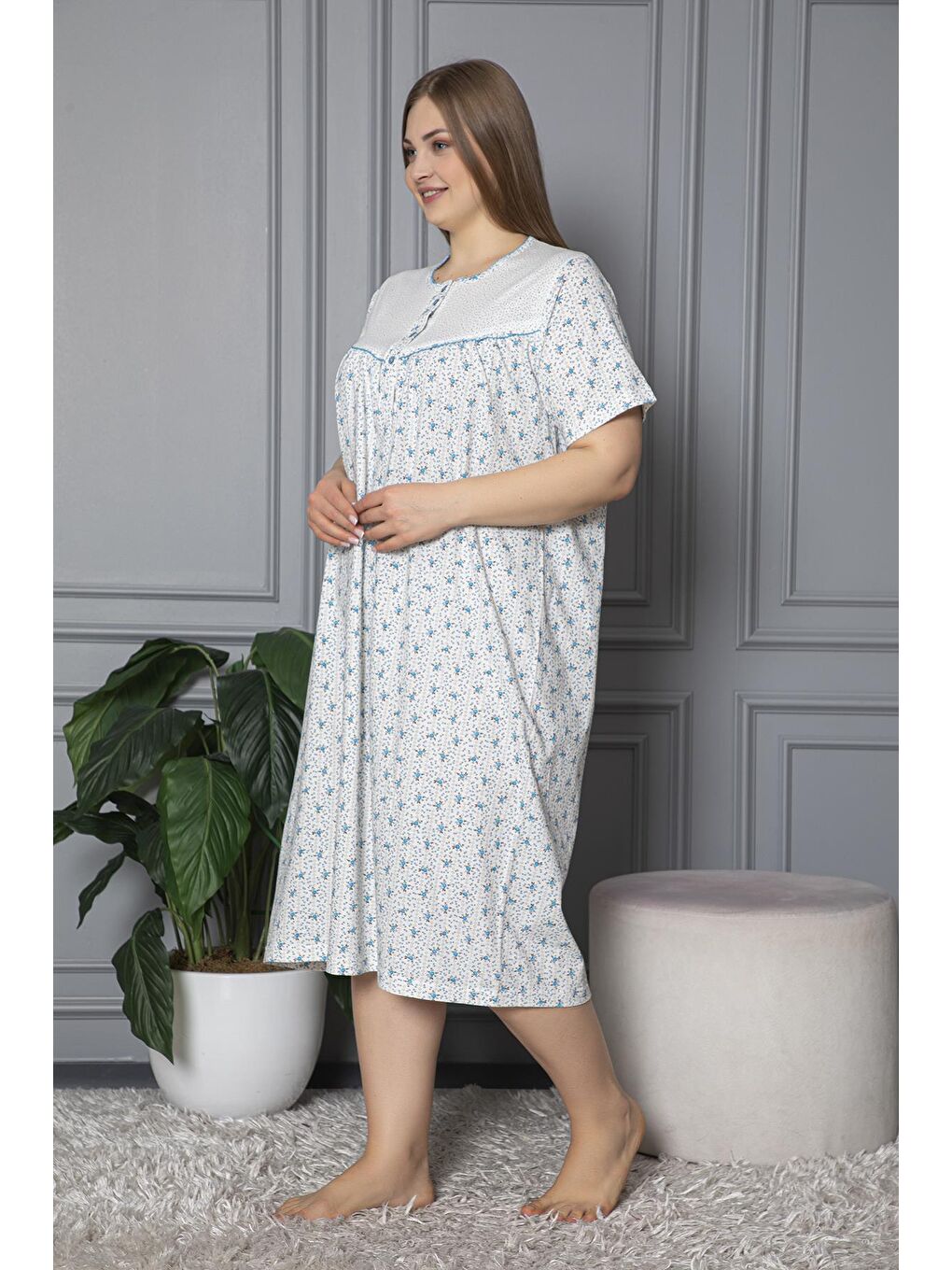 Mavi %100 Pamuklu Penye Kısa Kollu Büyük Beden Anne Geceliği 160-2