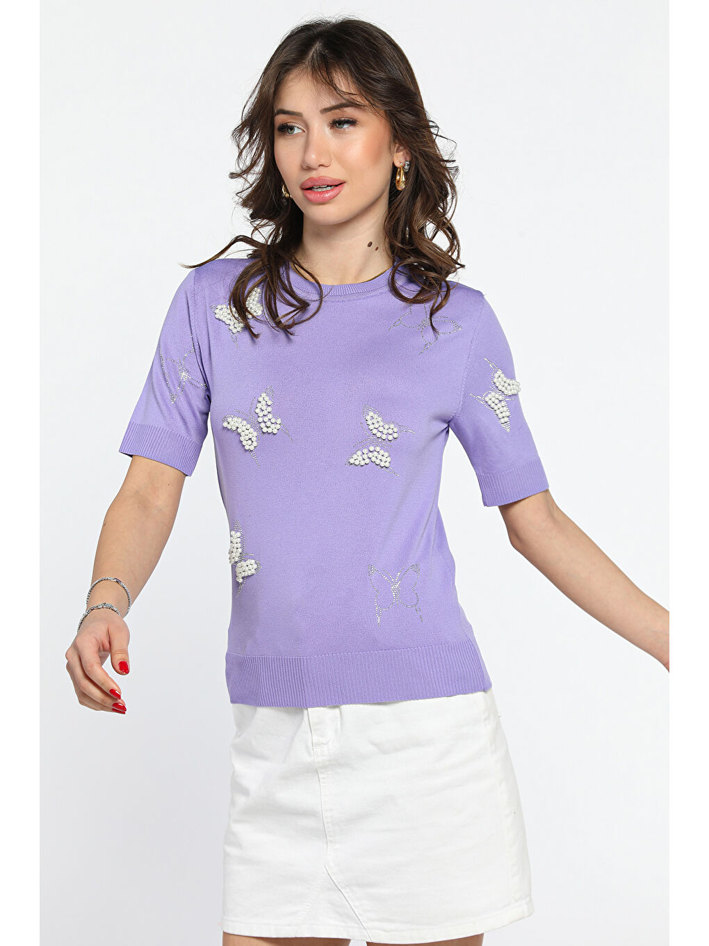 Lila İncili Baskılı Triko Tişört-1