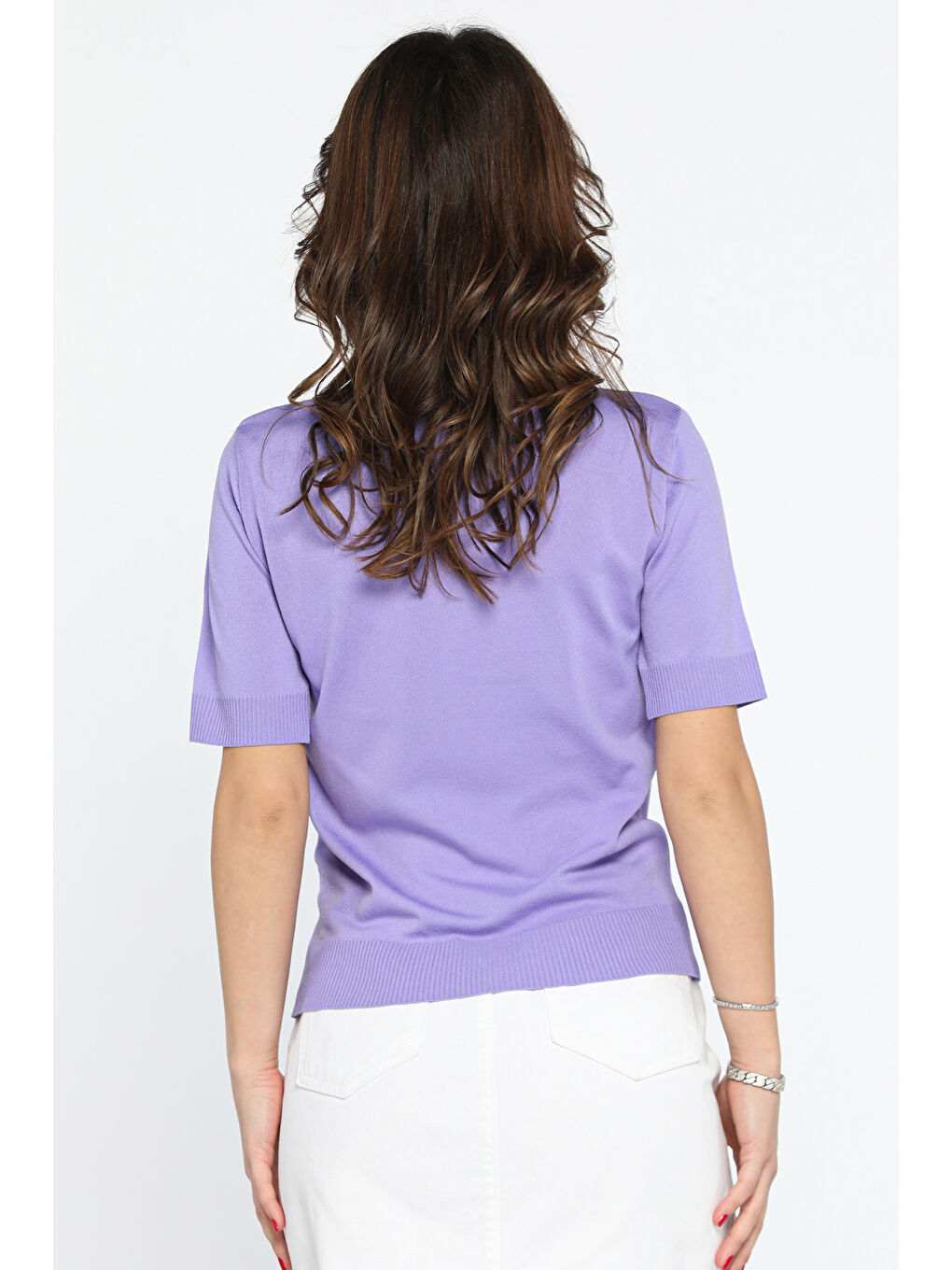 Lila İncili Baskılı Triko Tişört-2