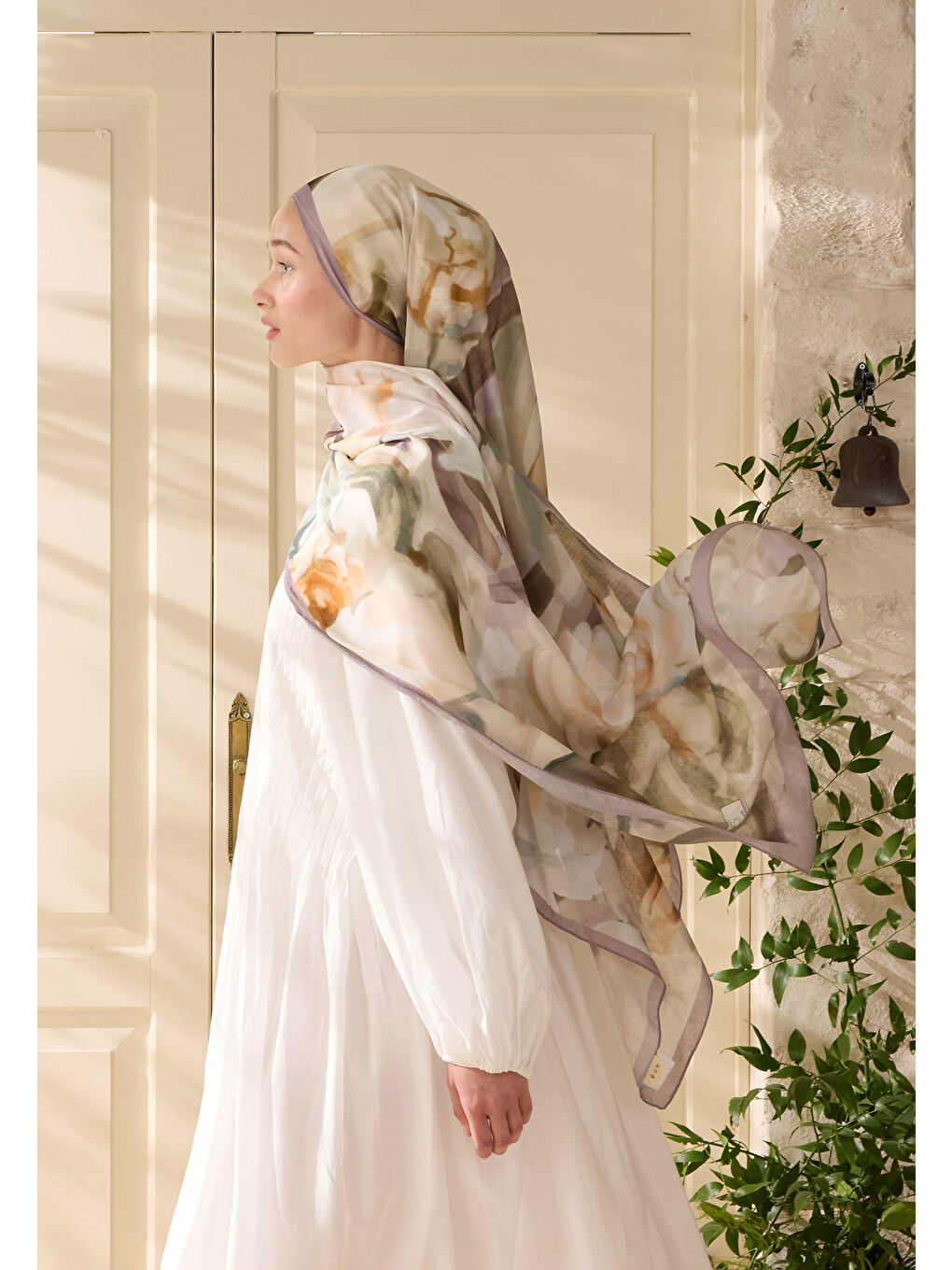 Karışık Gardenıa Desen Rami Şal Soft Leylak