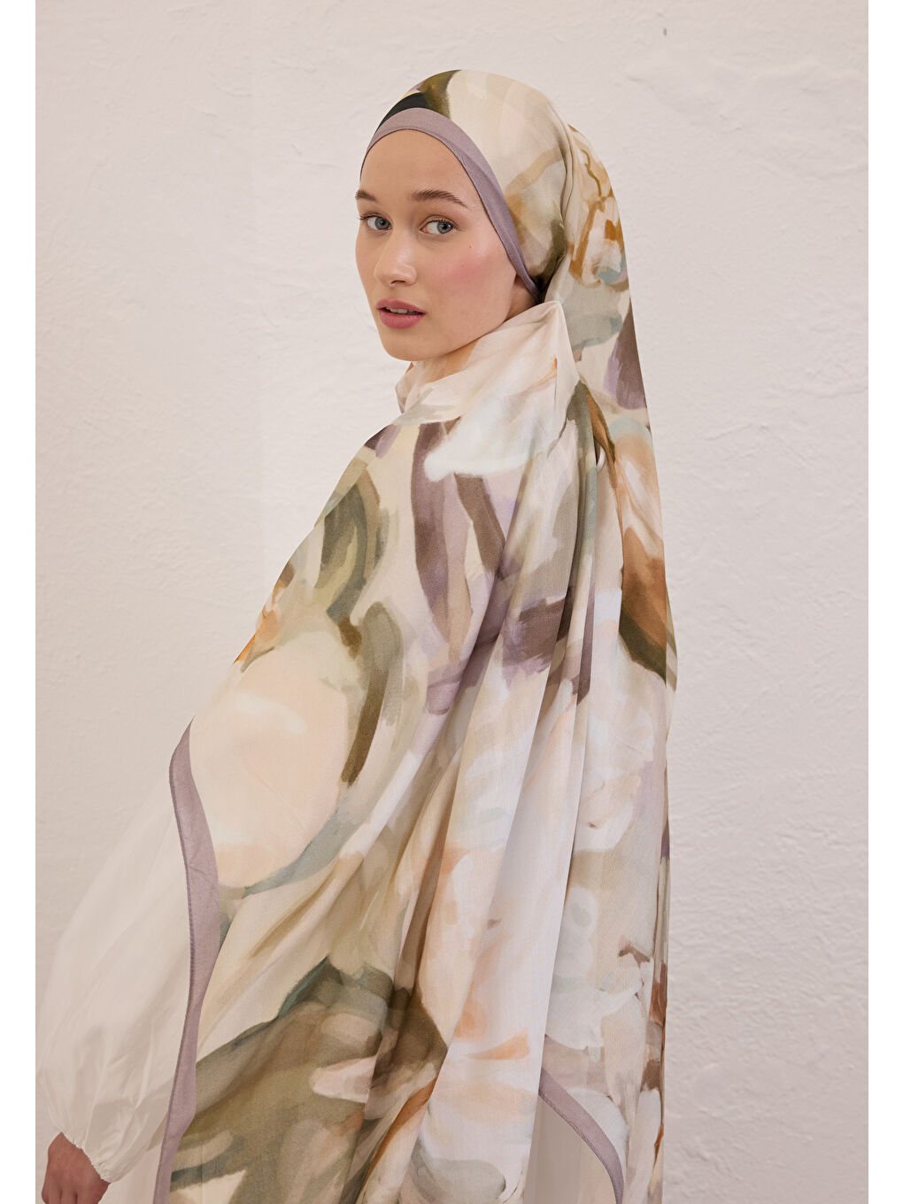 Karışık Gardenıa Desen Rami Şal Soft Leylak-1