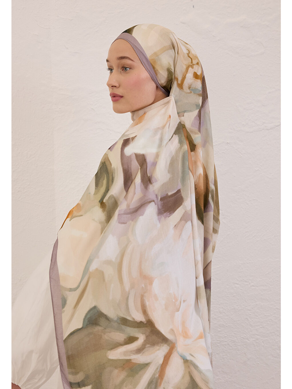 Karışık Gardenıa Desen Rami Şal Soft Leylak-2