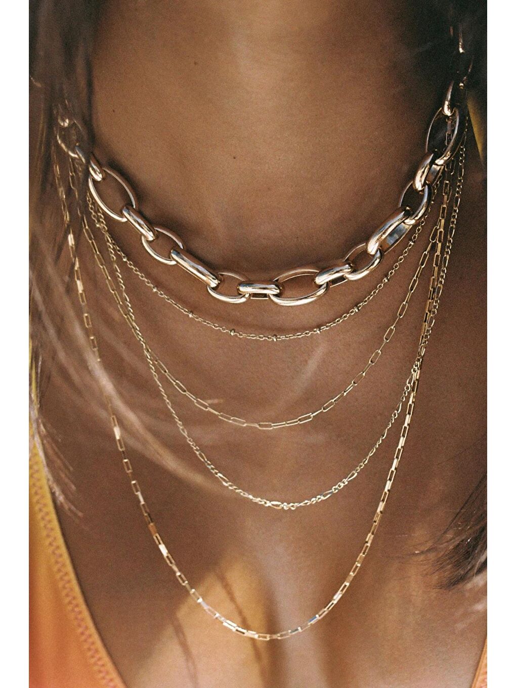 Sarı 4 Sıralı Altın Kaplama VIP Kadın Çoklu Zincir Kolye-2