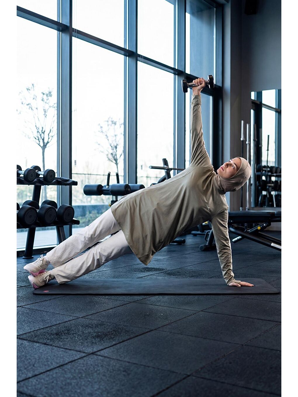 Yeşil Active H-Per Fit Bisiklet Yaka Kolları Şerit Detaylı Mint Tesettür Antrenman Üstü Act-35