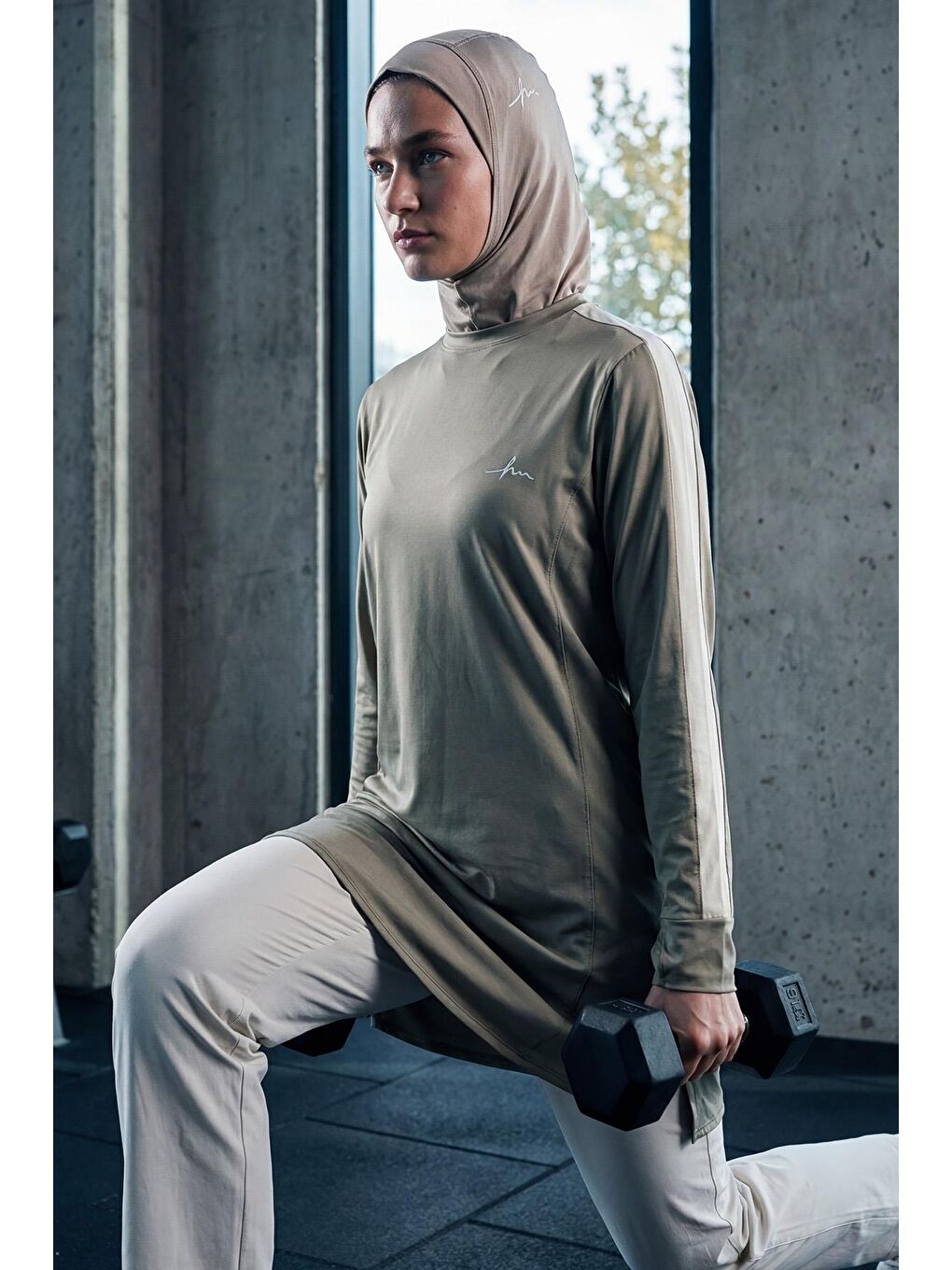 Yeşil Active H-Per Fit Bisiklet Yaka Kolları Şerit Detaylı Mint Tesettür Antrenman Üstü Act-35-1