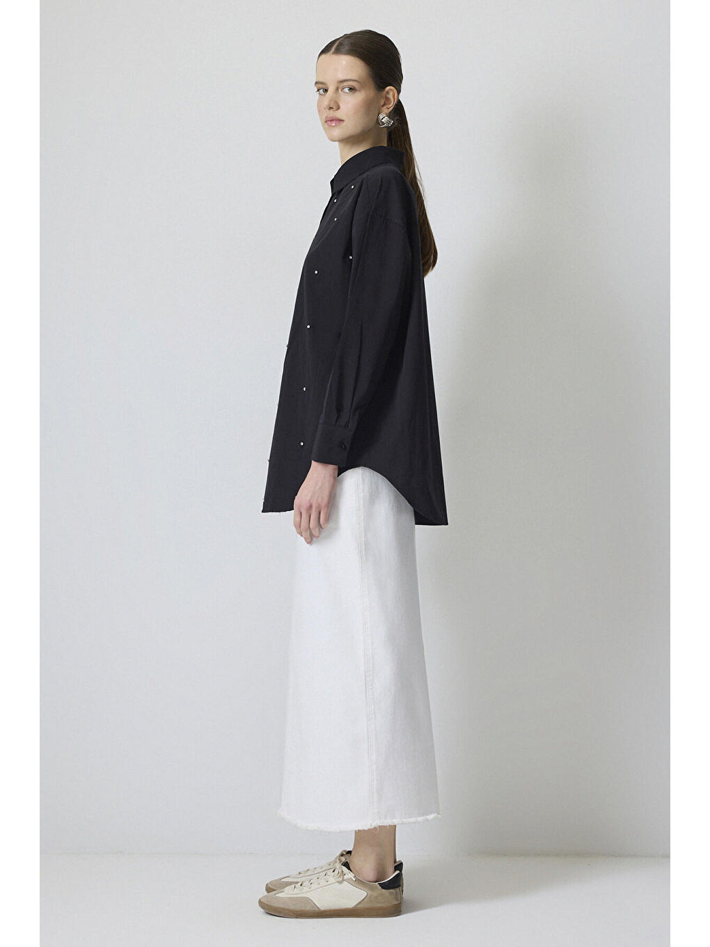 Siyah Relax Fit Taşlı Gömlek-2