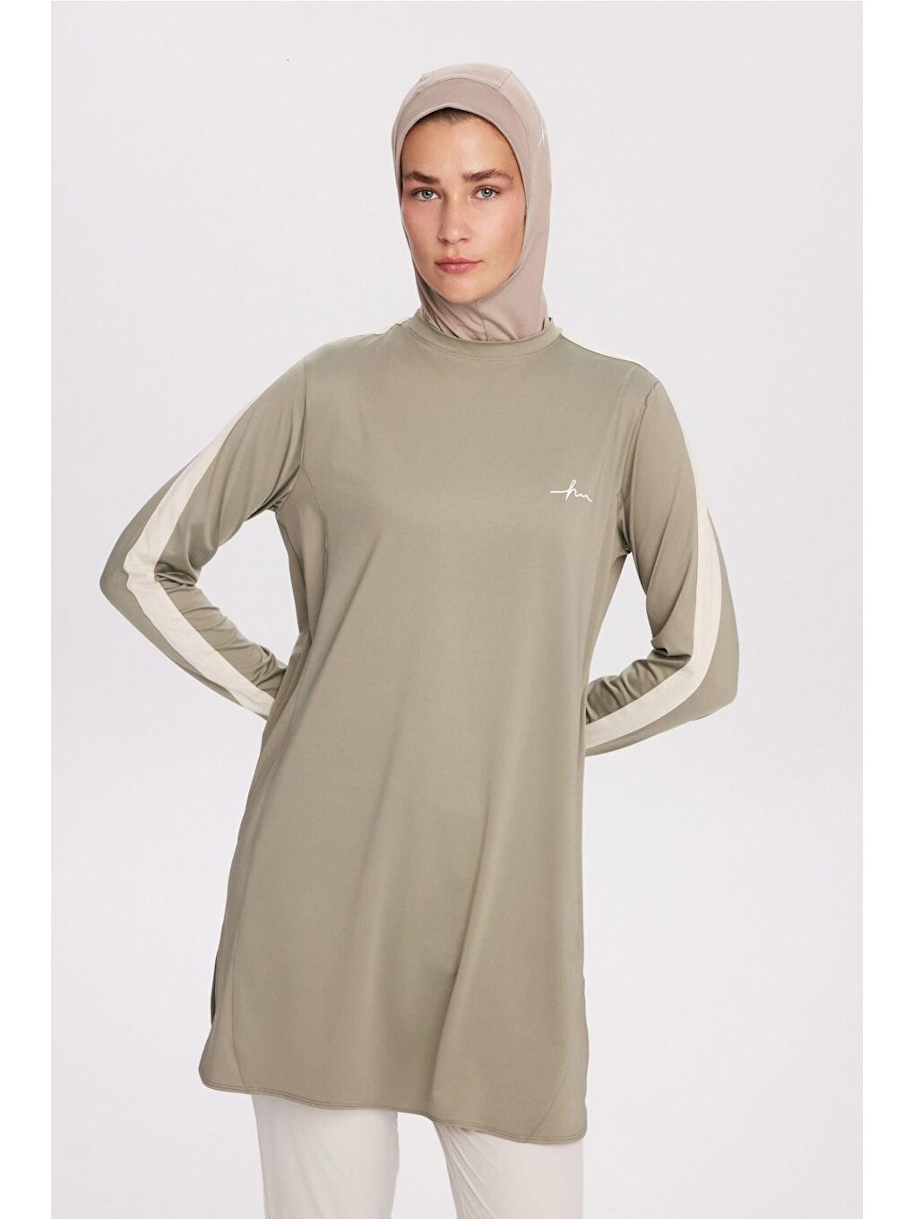 Yeşil Active H-Per Fit Bisiklet Yaka Kolları Şerit Detaylı Mint Tesettür Antrenman Üstü Act-35-2