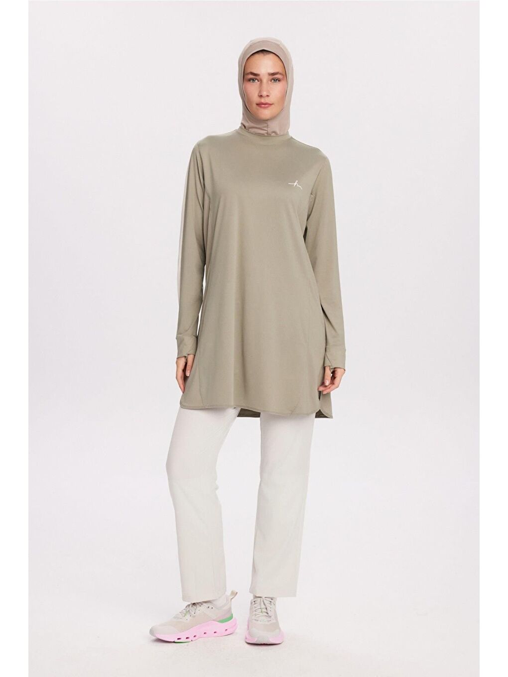 Yeşil Active H-Per Fit Bisiklet Yaka Kolları Şerit Detaylı Mint Tesettür Antrenman Üstü Act-35-3