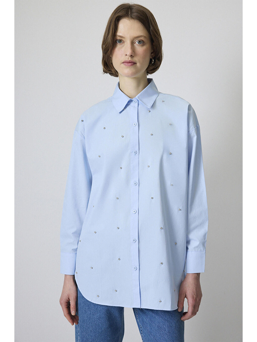 Mavi Relax Fit Taşlı Gömlek-1