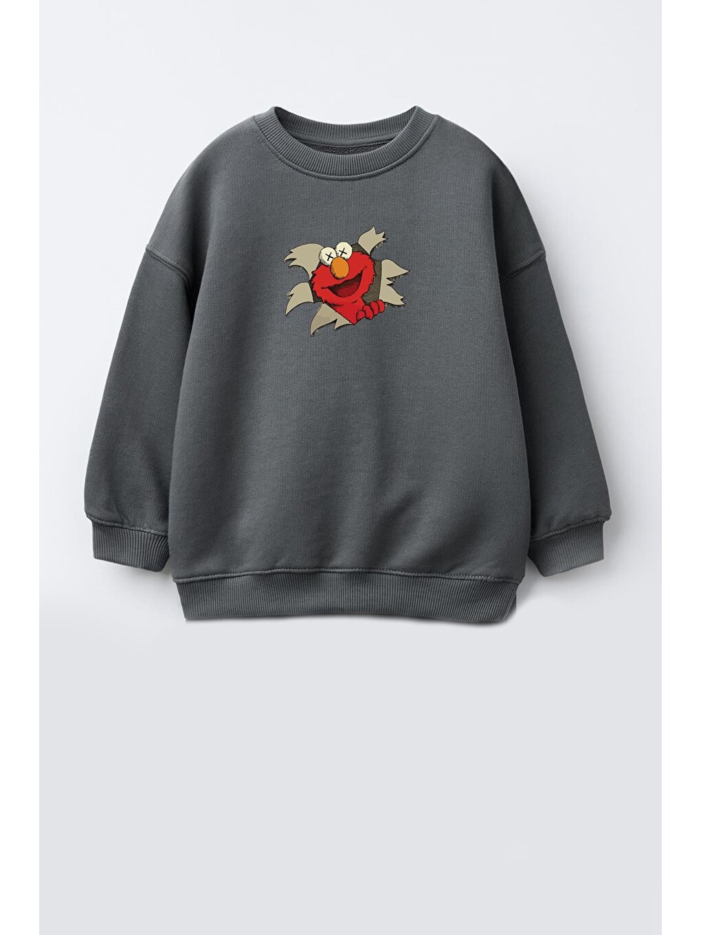Antrasit Erkek Çocuk Kurabiye Canavarı Baskılı 3 İplik Pamuklu Sweatshirt