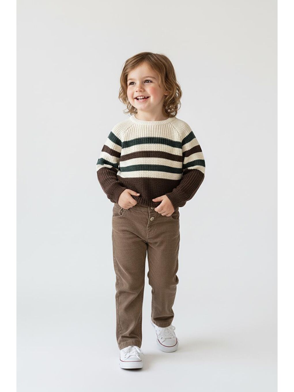 Kahverengi Çizgili Triko Kazak Pantolon Takım