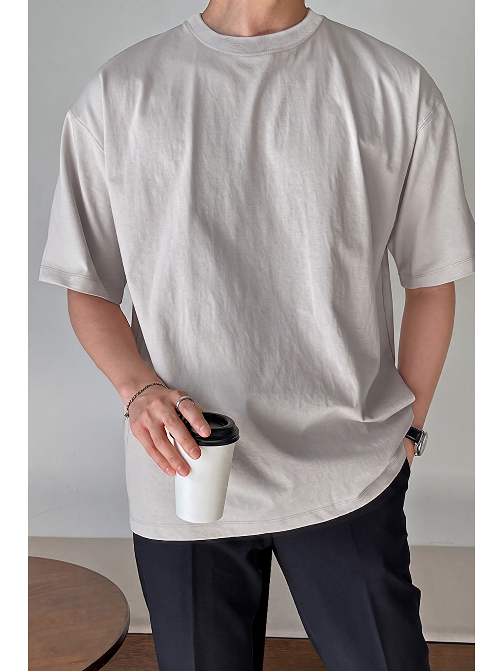 Gri Erkek Oversize Tişört Pamuk Kumaş Bisiklet Yaka Rahat Kalıp T-shirt