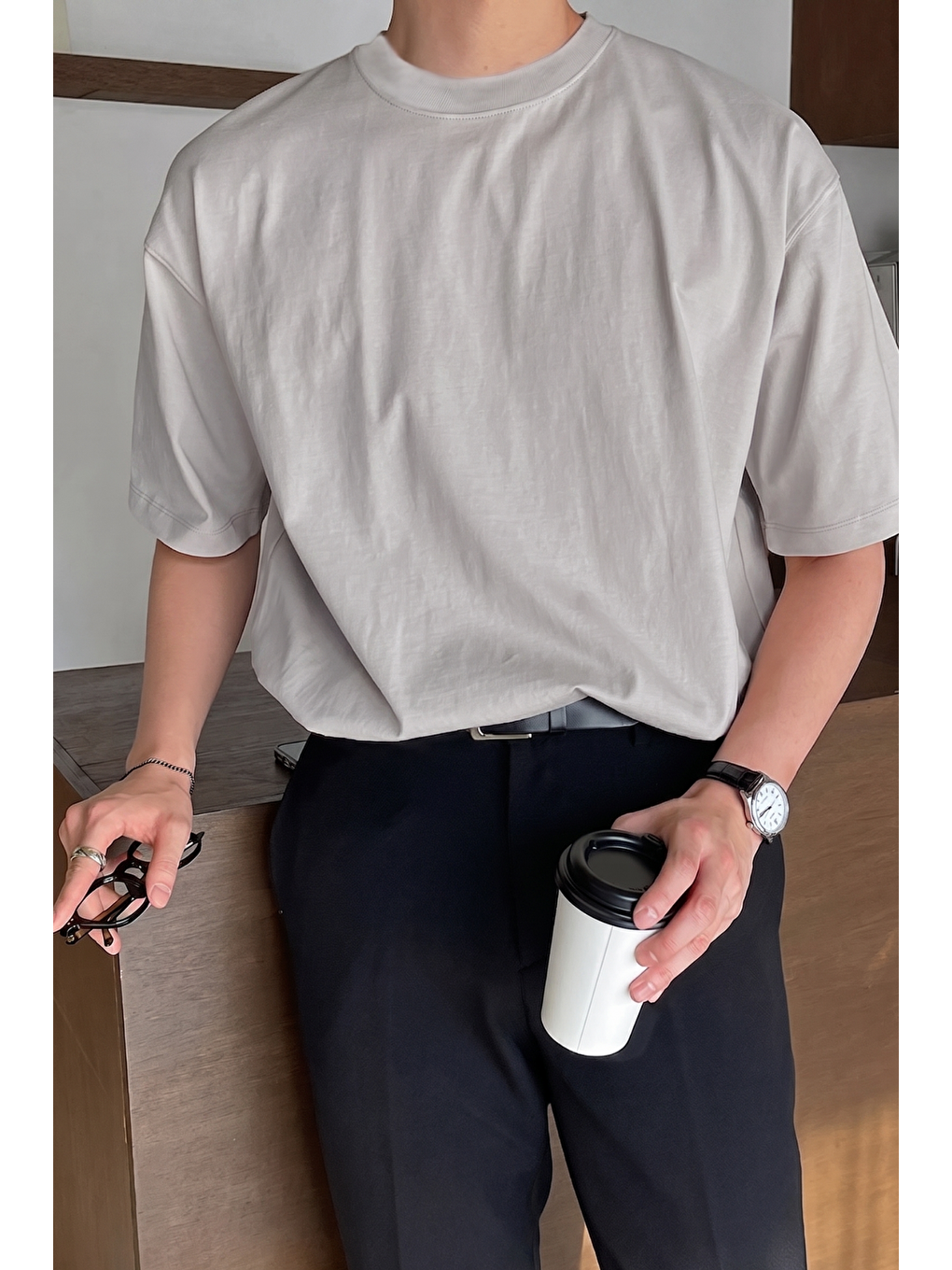 Gri Erkek Oversize Tişört Pamuk Kumaş Bisiklet Yaka Rahat Kalıp T-shirt-1