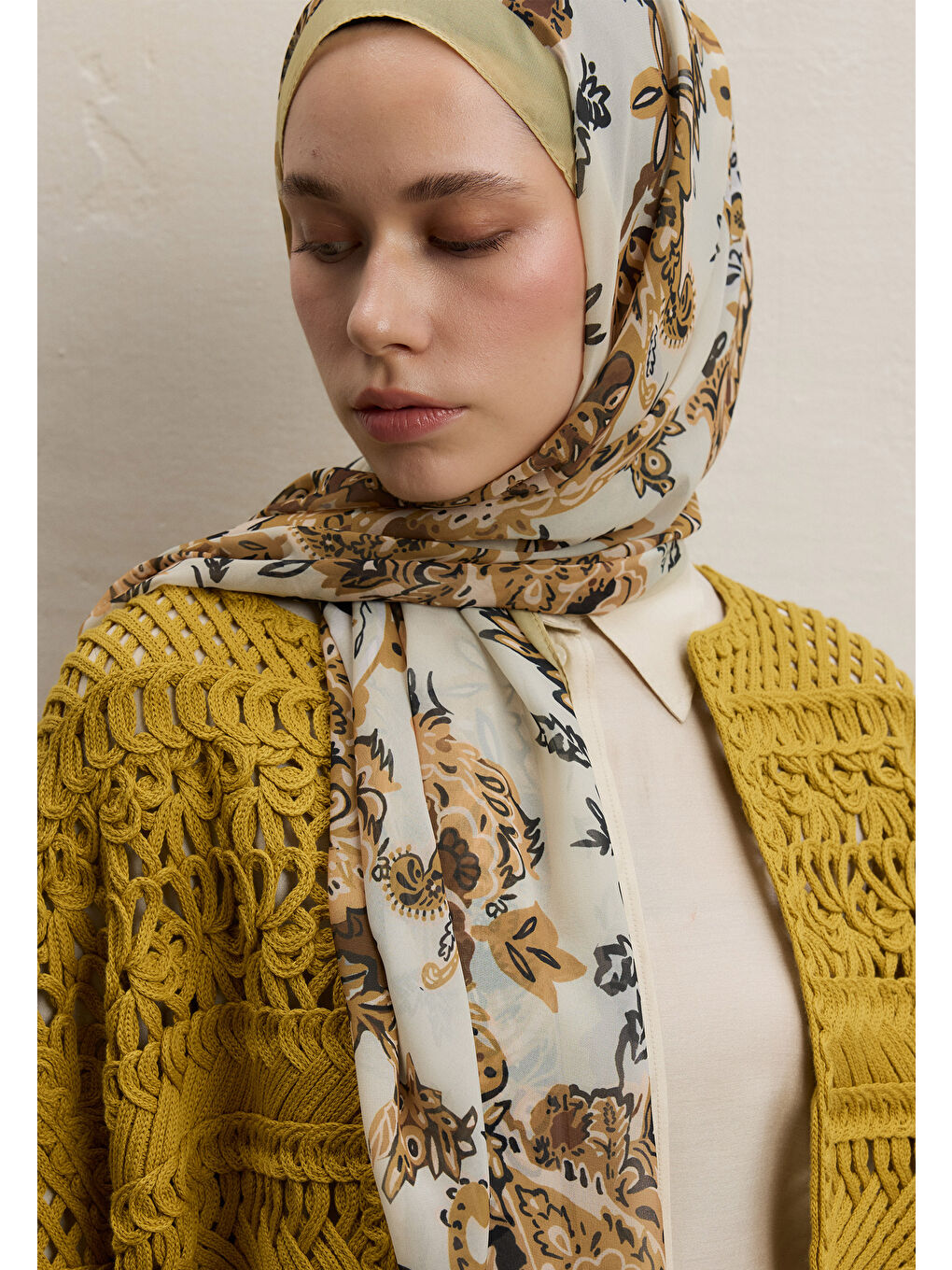 Kahverengi Wıld Flora Desen İpek Krep Şal Hardal-2