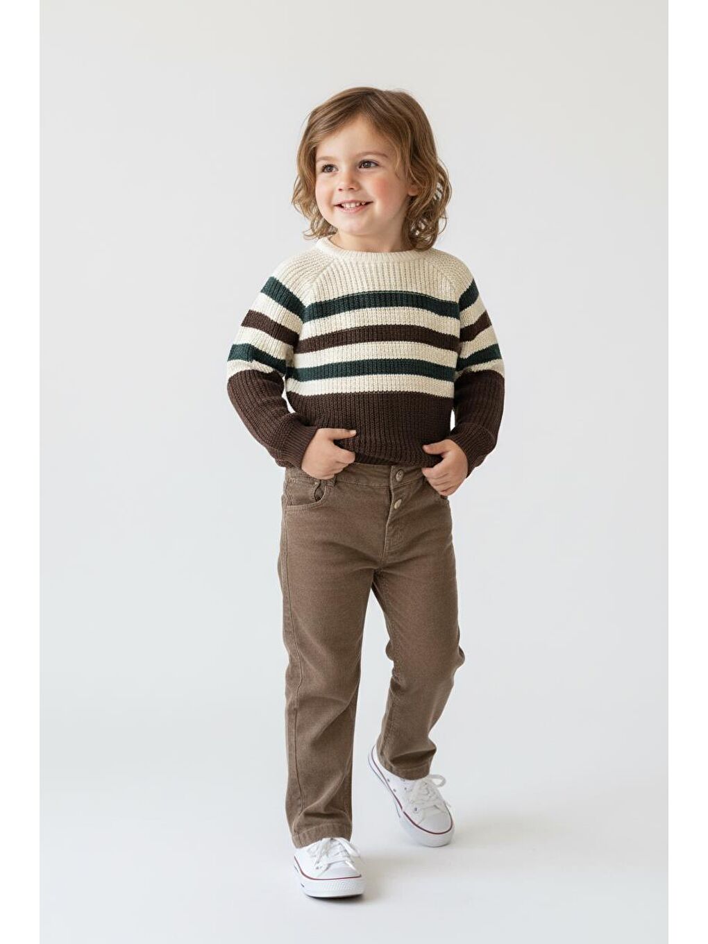 Kahverengi Çizgili Triko Kazak Pantolon Takım-1