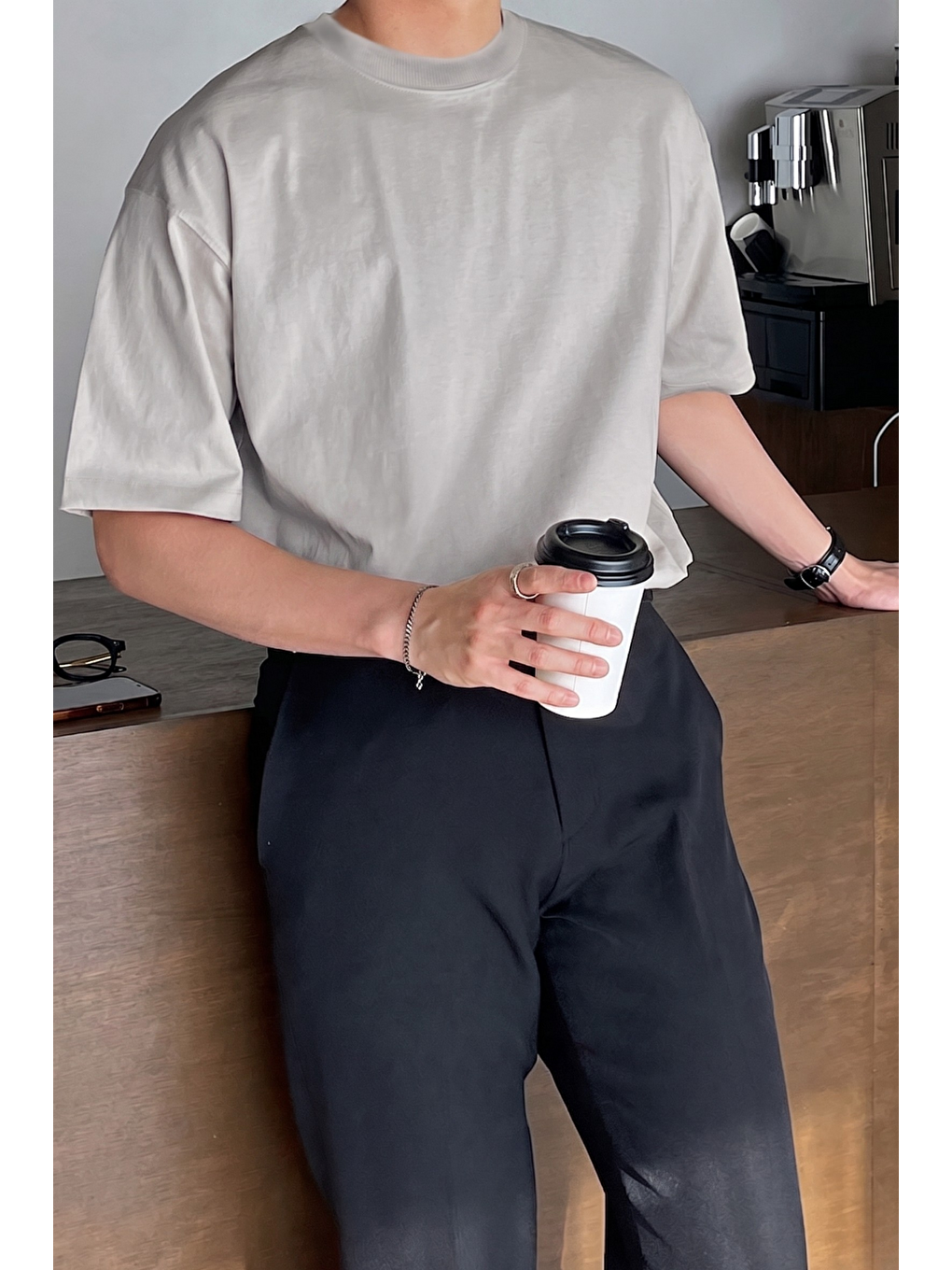 Gri Erkek Oversize Tişört Pamuk Kumaş Bisiklet Yaka Rahat Kalıp T-shirt-2