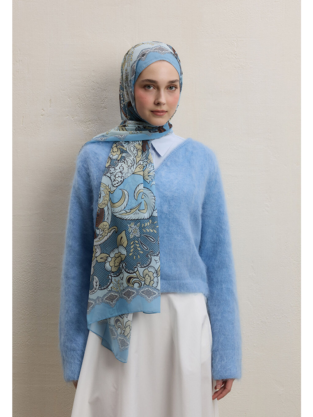 Poppıes Desen İpek Krep Şal İndigo-1